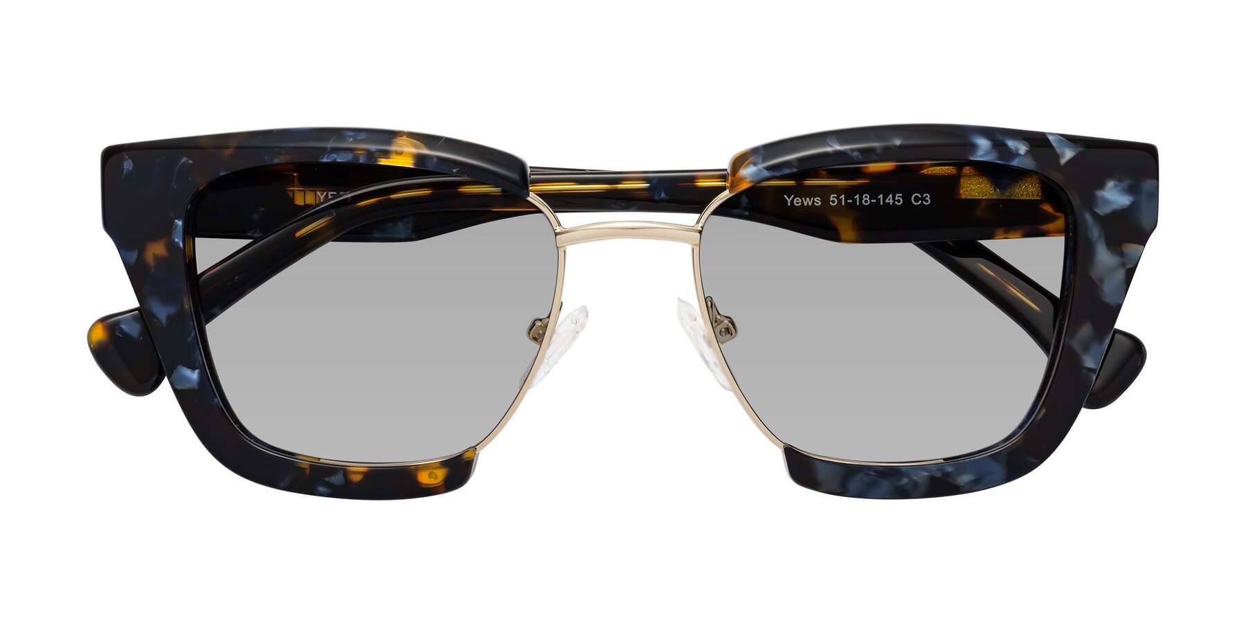 Folded Front of Yews in Blueberry Tortoise-Gold with Light Gray Tinted Lenses