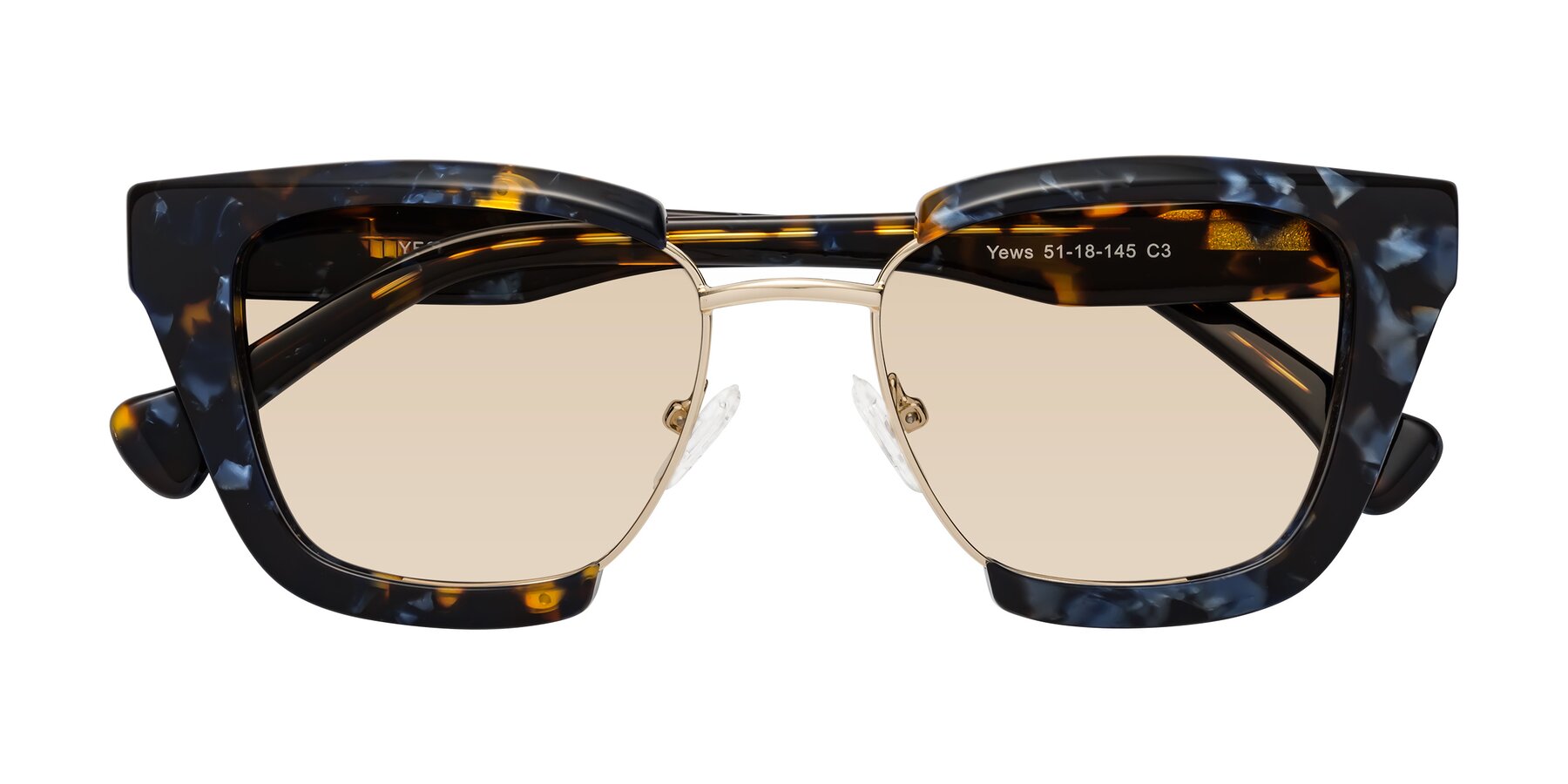 Folded Front of Yews in Blueberry Tortoise-Gold with Light Brown Tinted Lenses