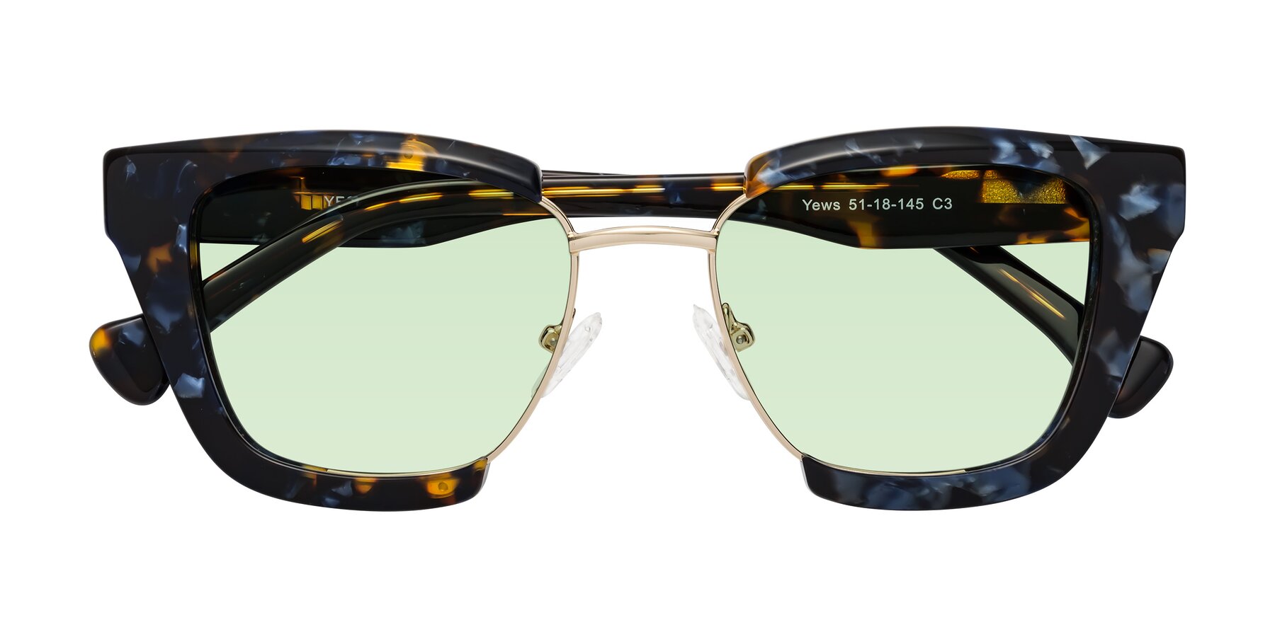 Folded Front of Yews in Blueberry Tortoise-Gold with Light Green Tinted Lenses