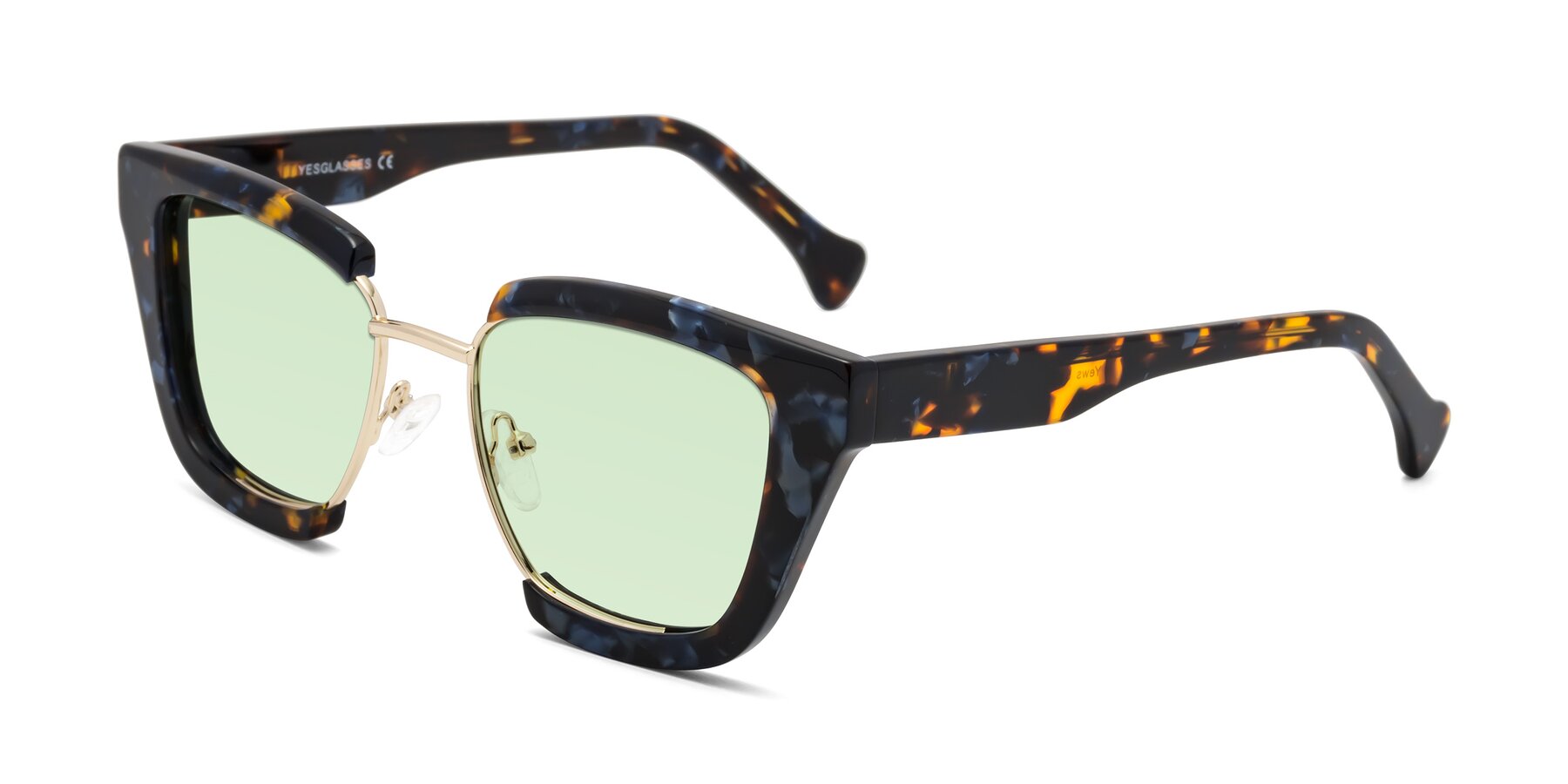 Angle of Yews in Blueberry Tortoise-Gold with Light Green Tinted Lenses