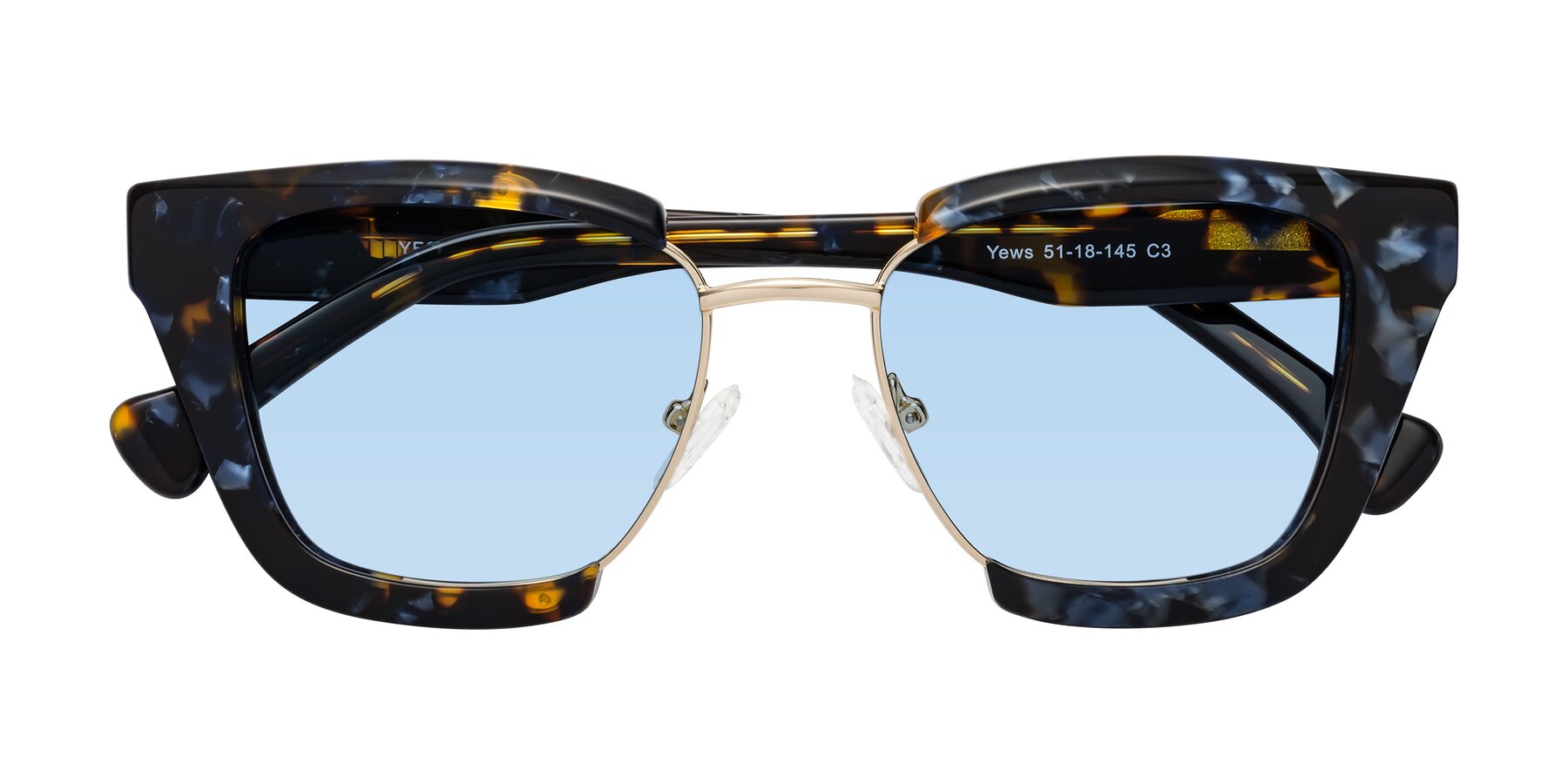 Folded Front of Yews in Blueberry Tortoise-Gold with Light Blue Tinted Lenses