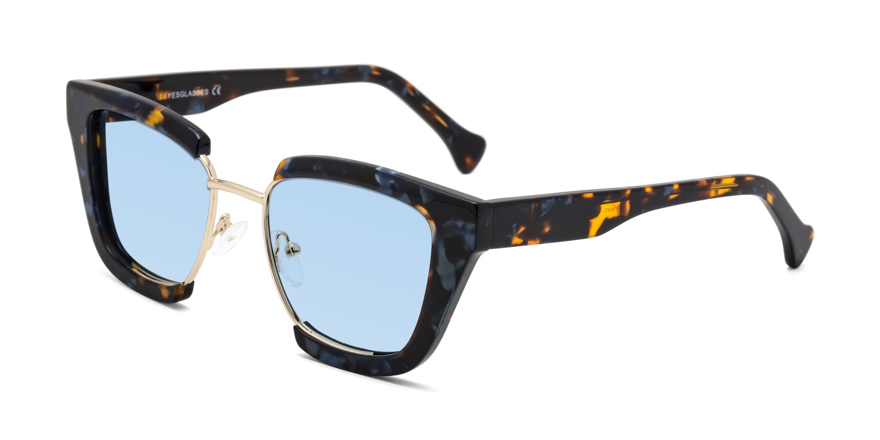 Angle of Yews in Blueberry Tortoise-Gold with Light Blue Tinted Lenses