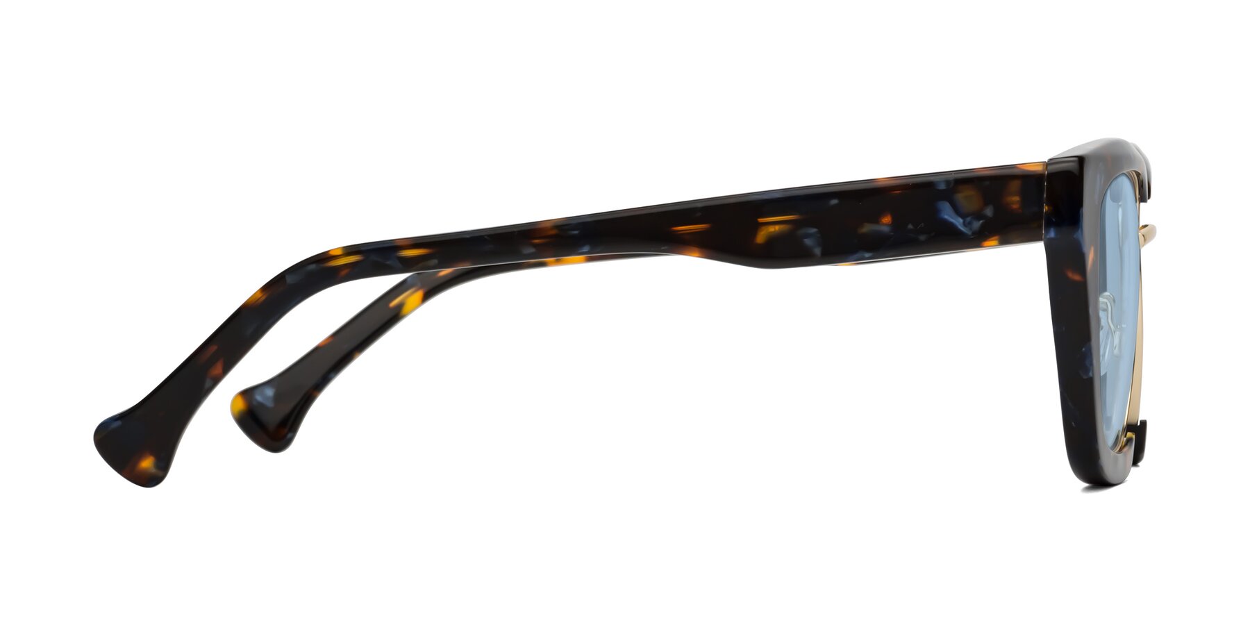 Side of Yews in Blueberry Tortoise-Gold with Light Blue Tinted Lenses