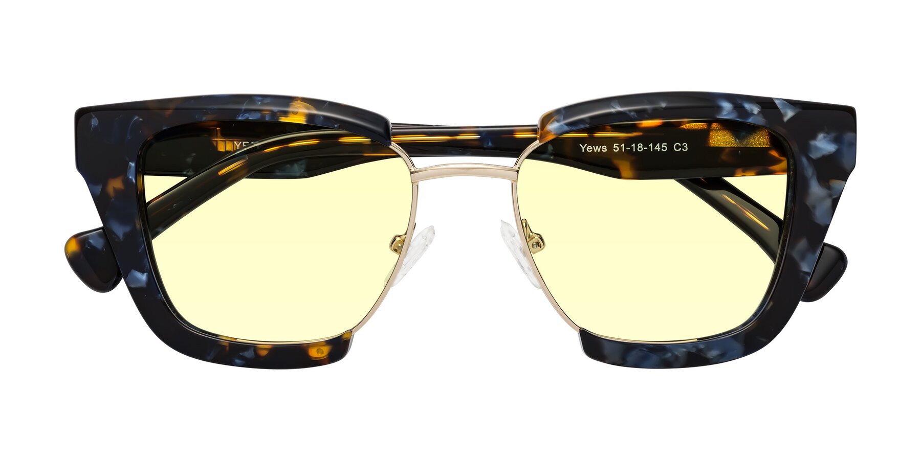 Folded Front of Yews in Blueberry Tortoise-Gold with Light Yellow Tinted Lenses