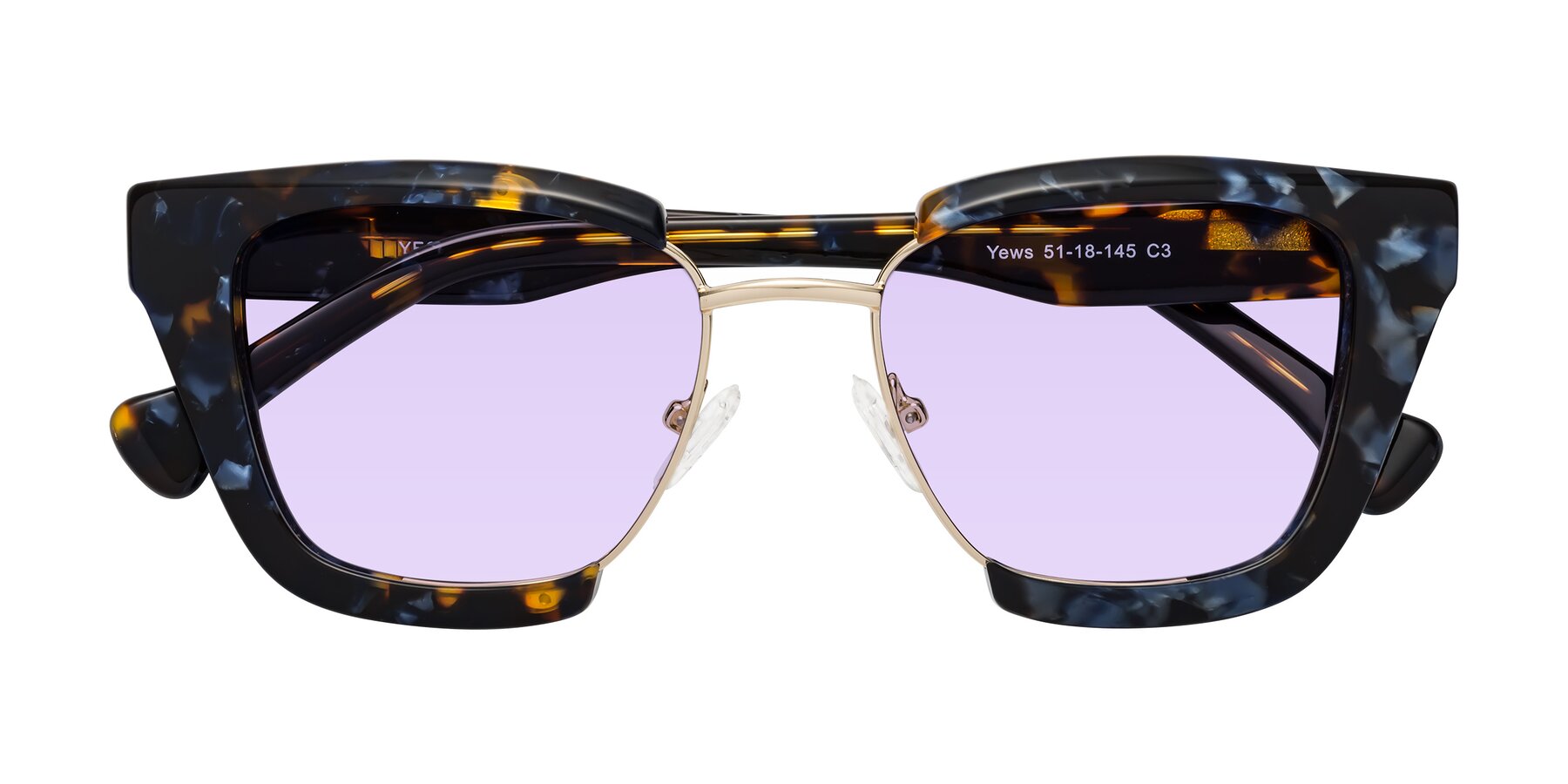 Folded Front of Yews in Blueberry Tortoise-Gold with Light Purple Tinted Lenses