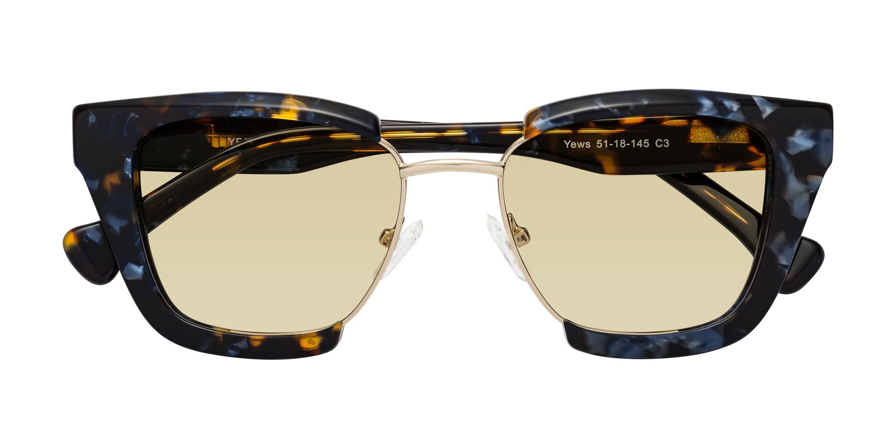 Folded Front of Yews in Blueberry Tortoise-Gold with Light Champagne Tinted Lenses