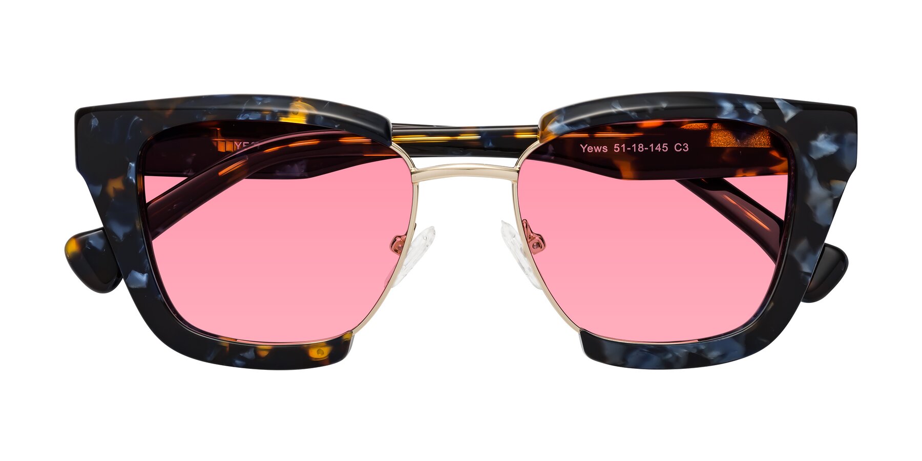 Folded Front of Yews in Blueberry Tortoise-Gold with Pink Tinted Lenses