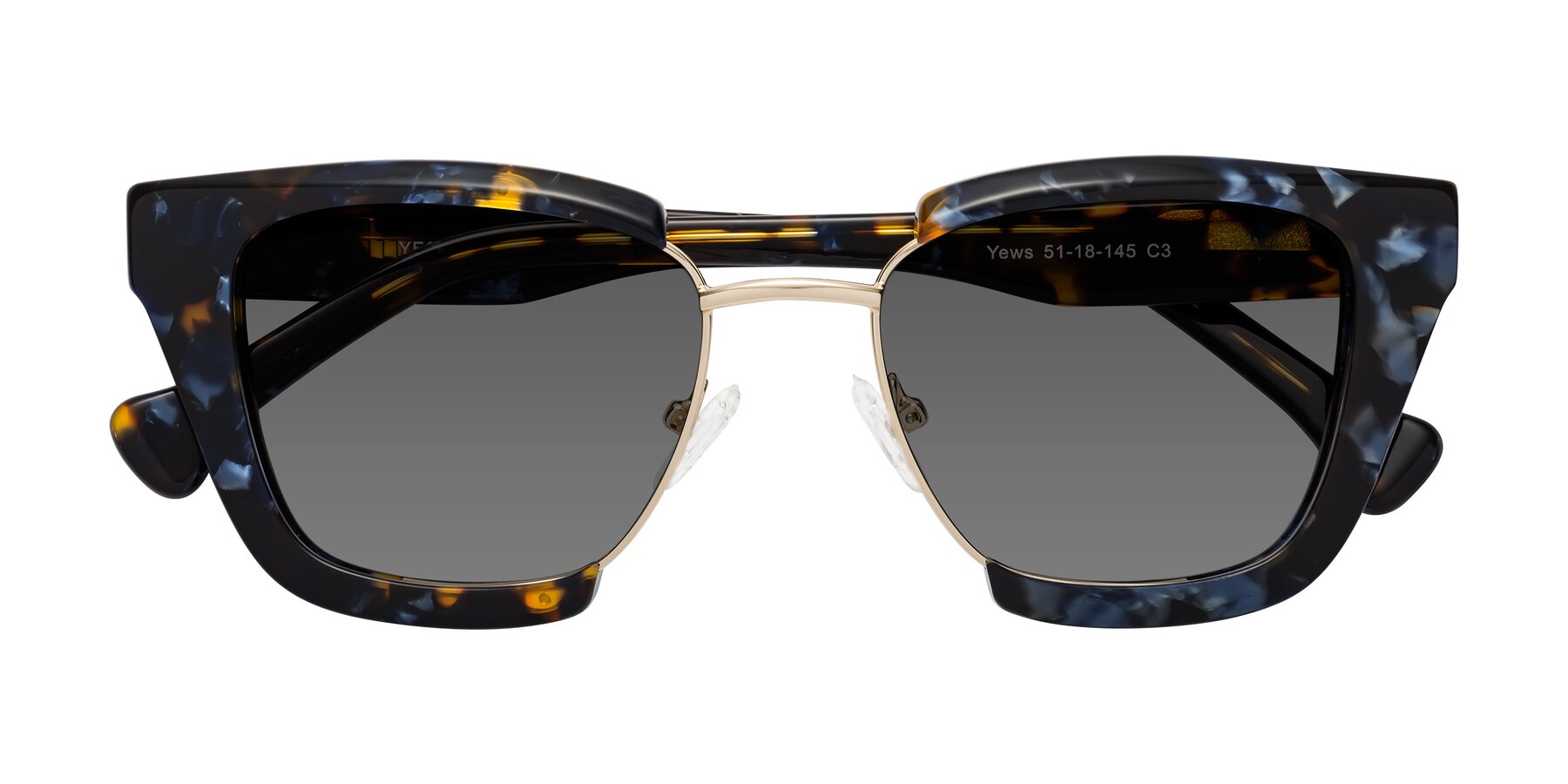 Folded Front of Yews in Blueberry Tortoise-Gold with Medium Gray Tinted Lenses