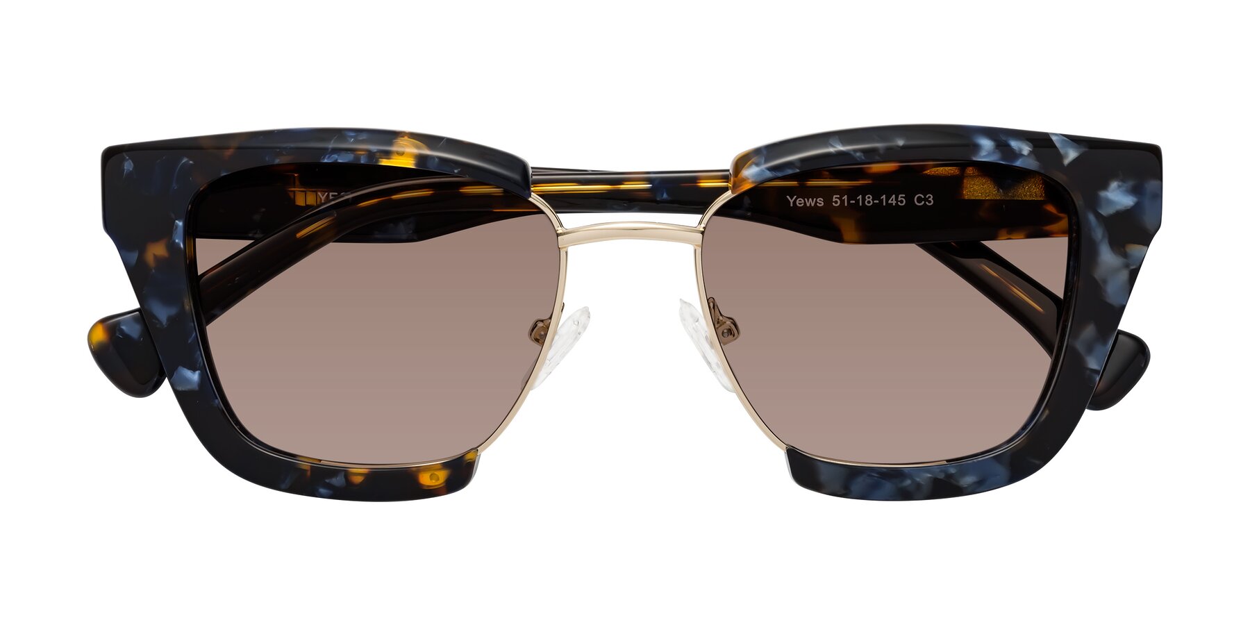 Folded Front of Yews in Blueberry Tortoise-Gold with Medium Brown Tinted Lenses