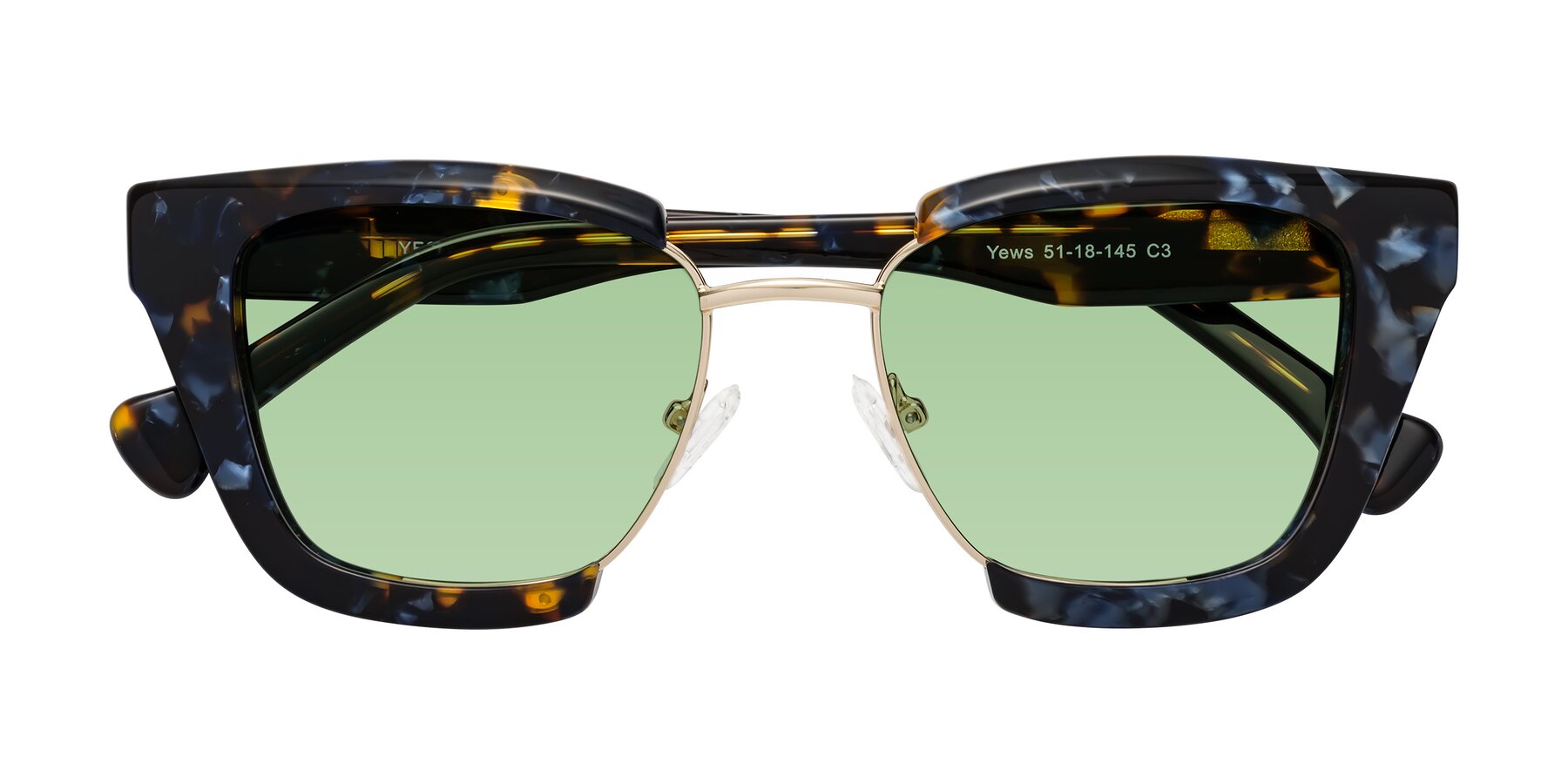 Folded Front of Yews in Blueberry Tortoise-Gold with Medium Green Tinted Lenses