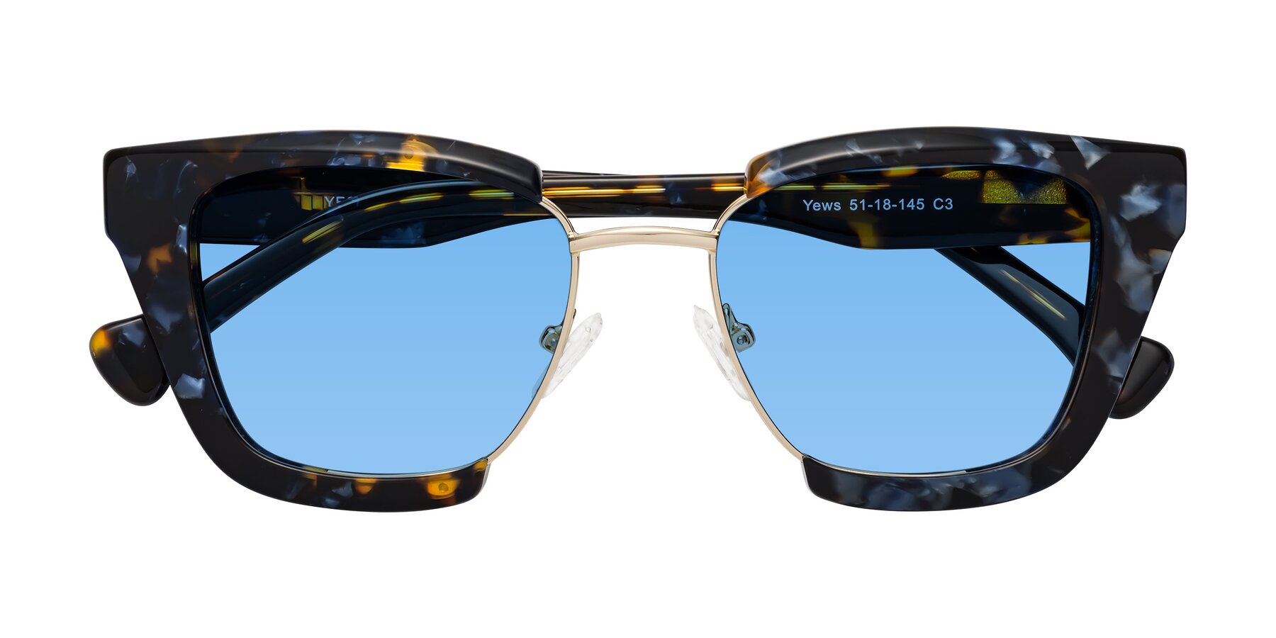 Folded Front of Yews in Blueberry Tortoise-Gold with Medium Blue Tinted Lenses