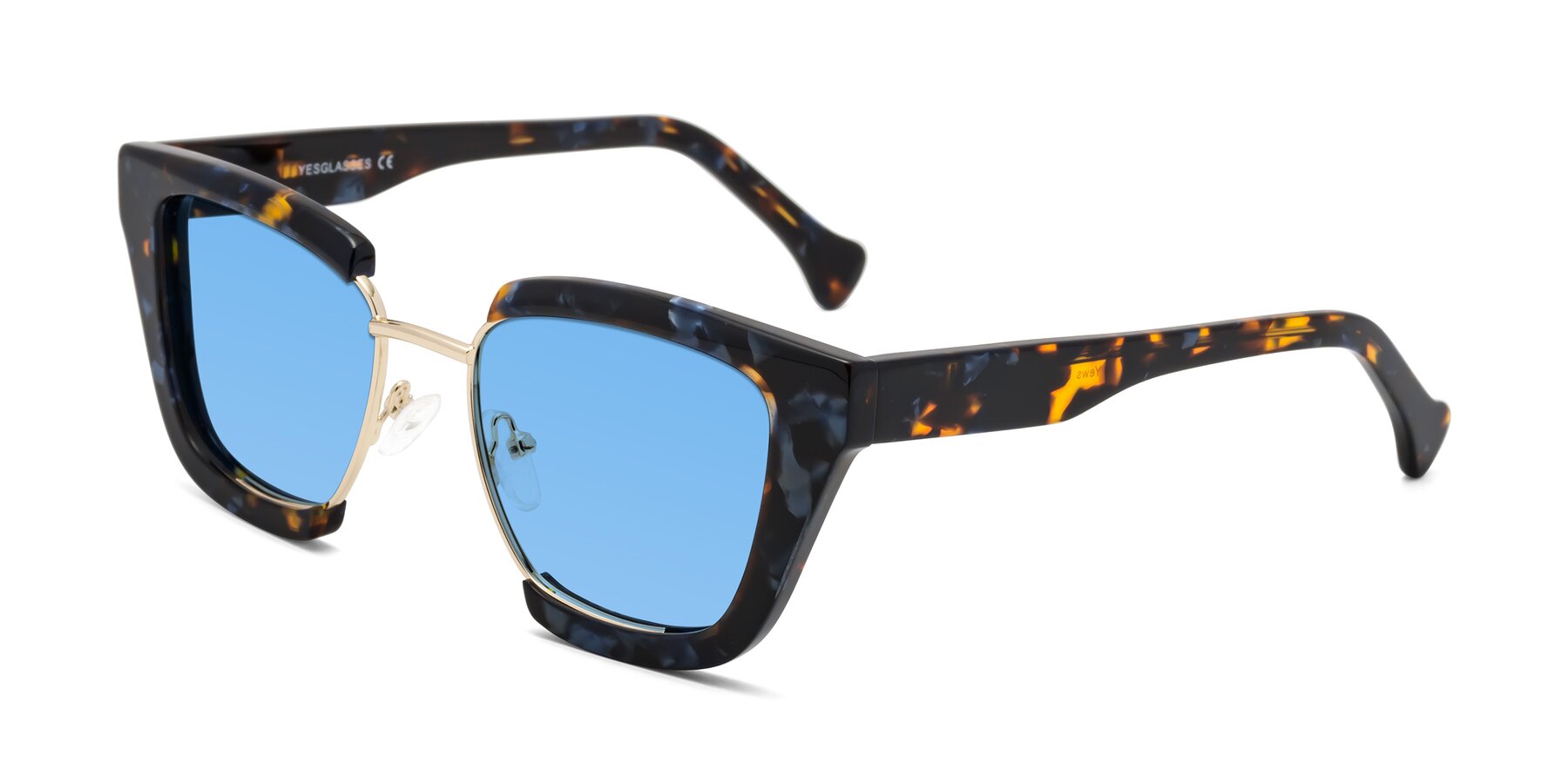 Angle of Yews in Blueberry Tortoise-Gold with Medium Blue Tinted Lenses