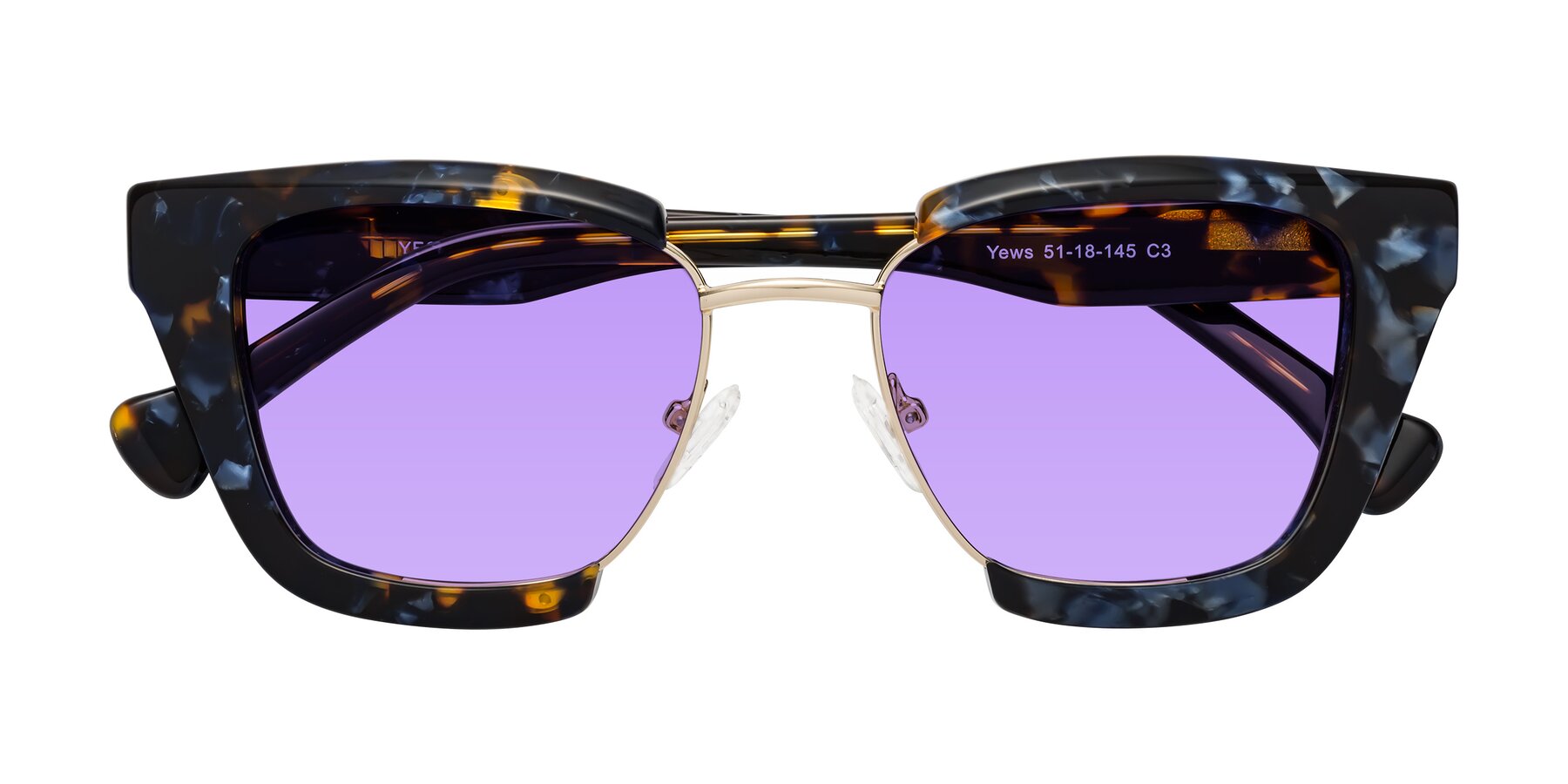 Folded Front of Yews in Blueberry Tortoise-Gold with Medium Purple Tinted Lenses