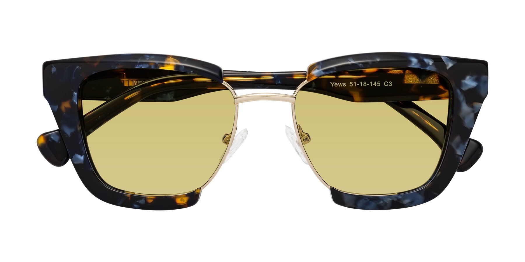 Folded Front of Yews in Blueberry Tortoise-Gold with Medium Champagne Tinted Lenses