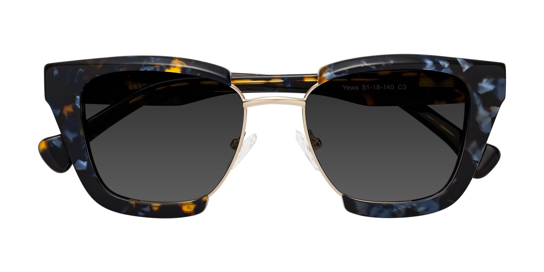 Folded Front of Yews in Blueberry Tortoise-Gold with Gray Tinted Lenses