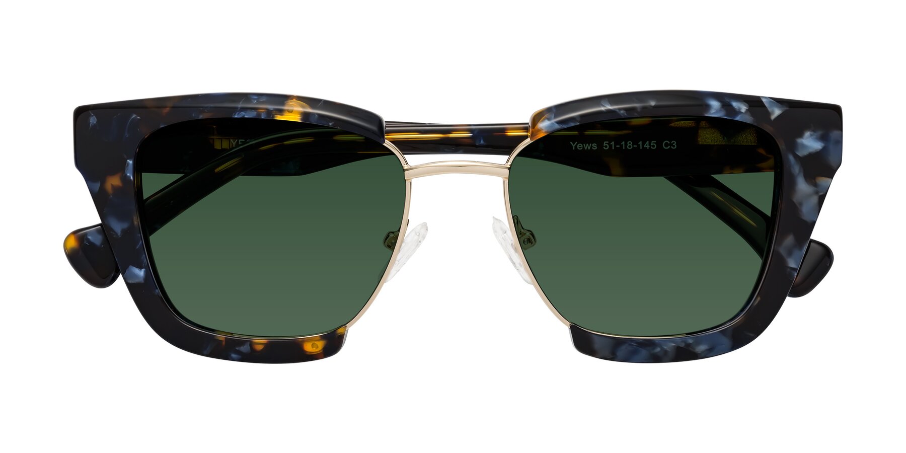 Folded Front of Yews in Blueberry Tortoise-Gold with Green Tinted Lenses