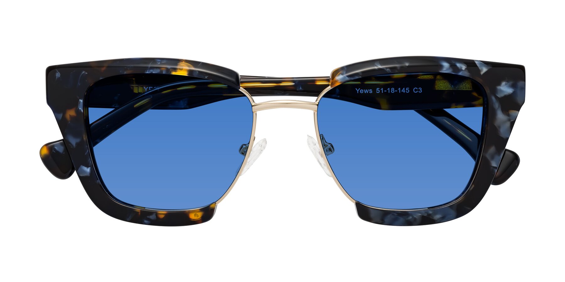 Folded Front of Yews in Blueberry Tortoise-Gold with Blue Tinted Lenses