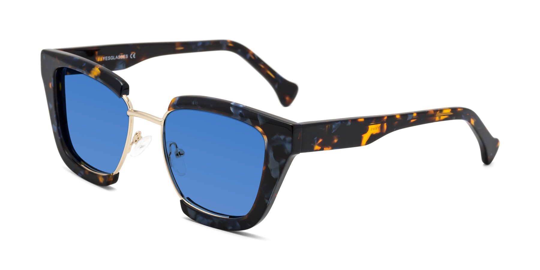 Angle of Yews in Blueberry Tortoise-Gold with Blue Tinted Lenses