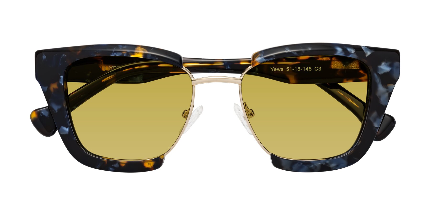 Folded Front of Yews in Blueberry Tortoise-Gold with Champagne Tinted Lenses