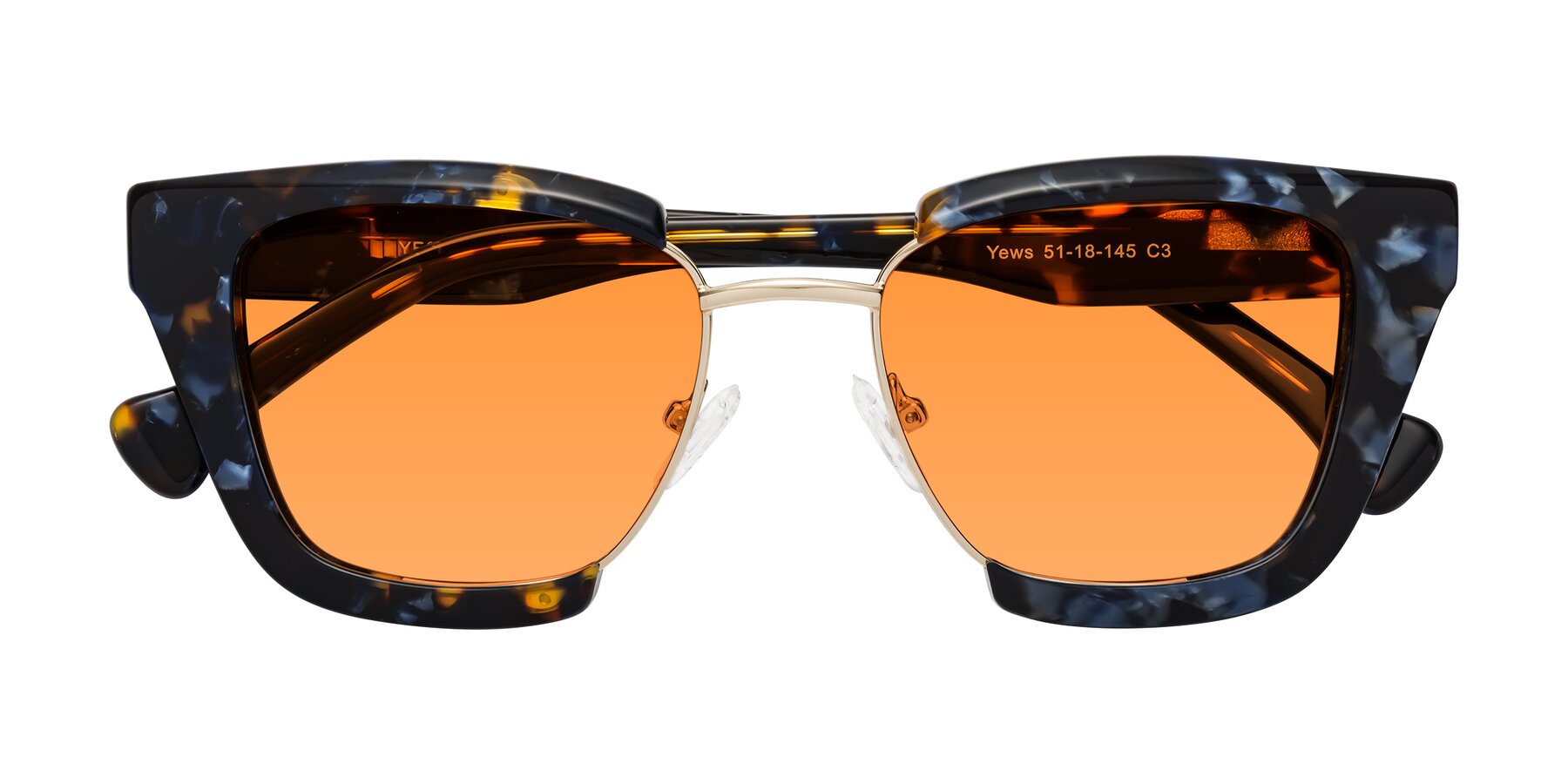 Folded Front of Yews in Blueberry Tortoise-Gold with Orange Tinted Lenses