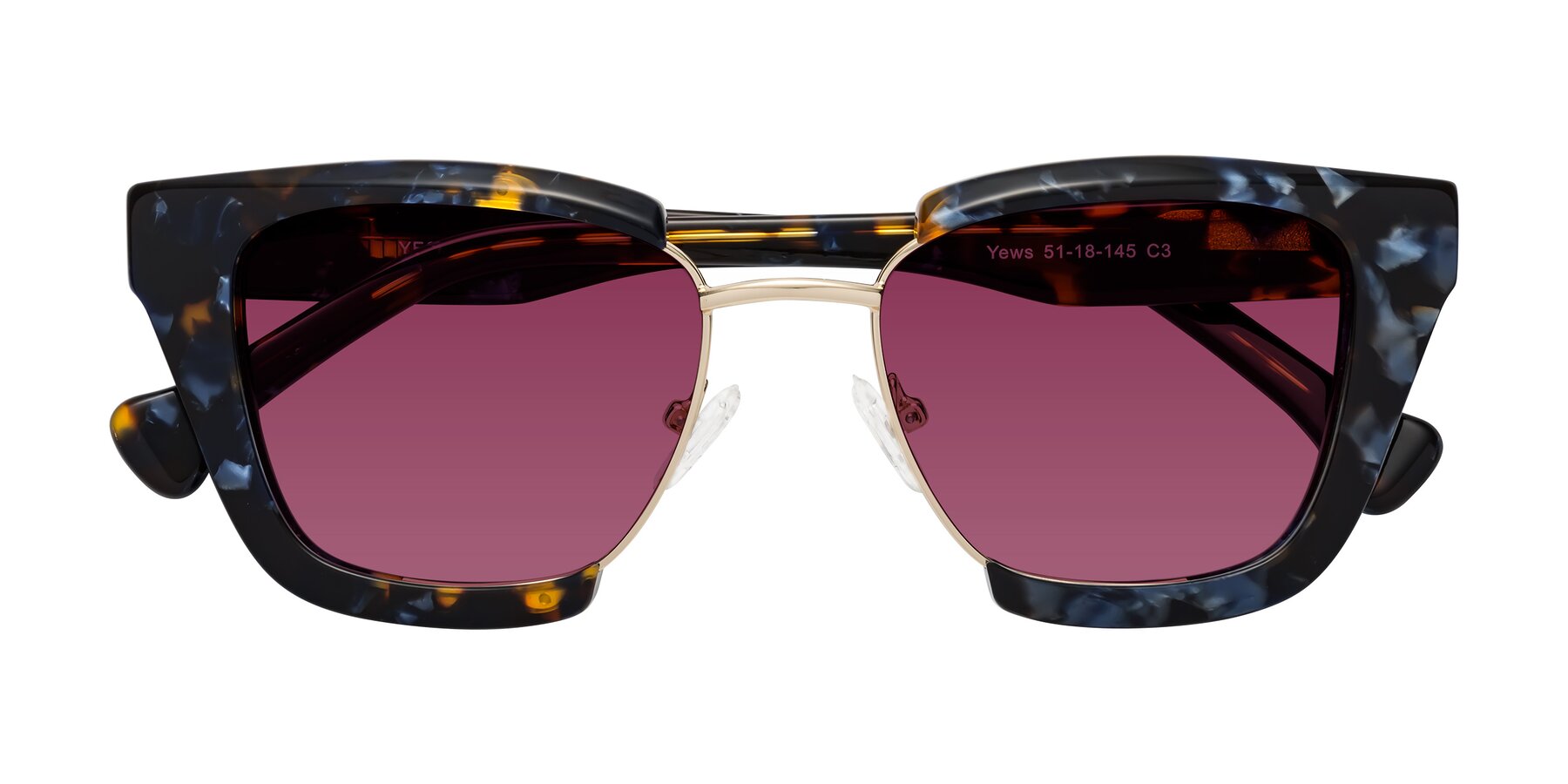 Folded Front of Yews in Blueberry Tortoise-Gold with Wine Tinted Lenses