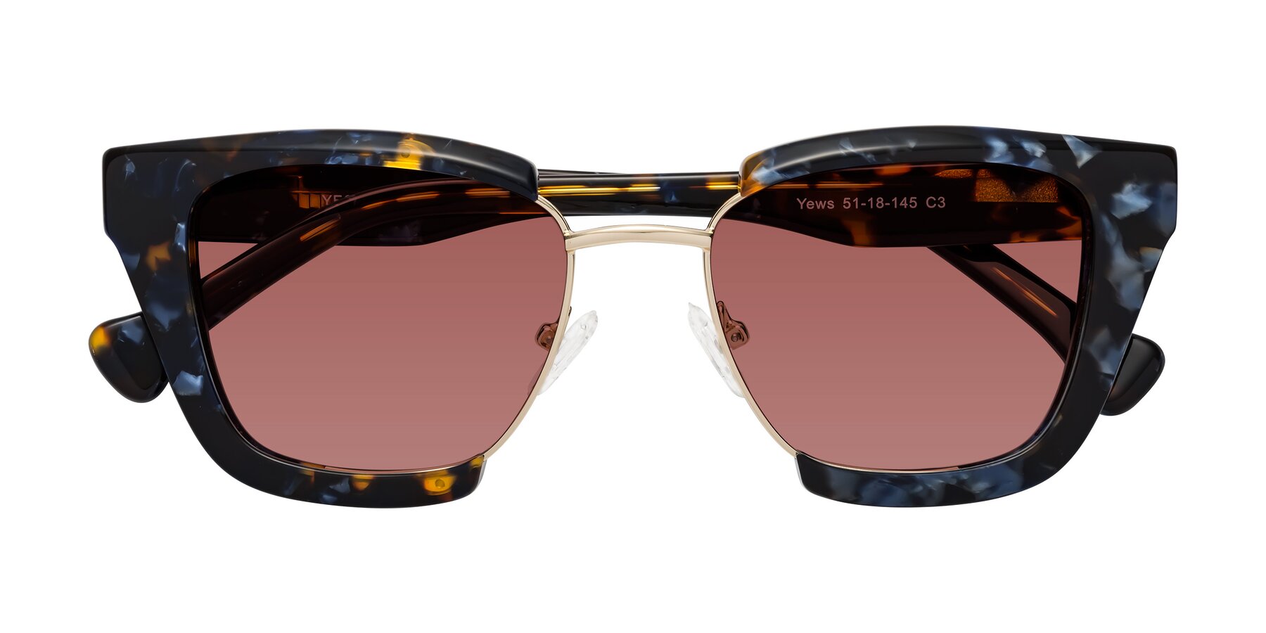 Folded Front of Yews in Blueberry Tortoise-Gold with Garnet Tinted Lenses