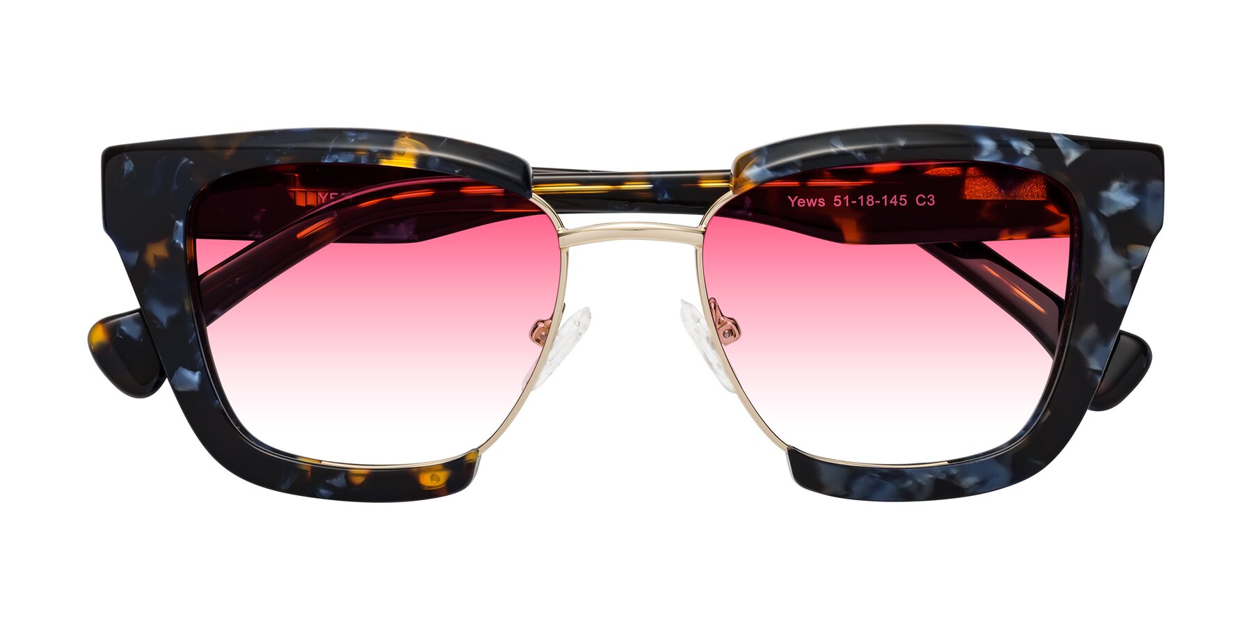 Folded Front of Yews in Blueberry Tortoise-Gold with Pink Gradient Lenses