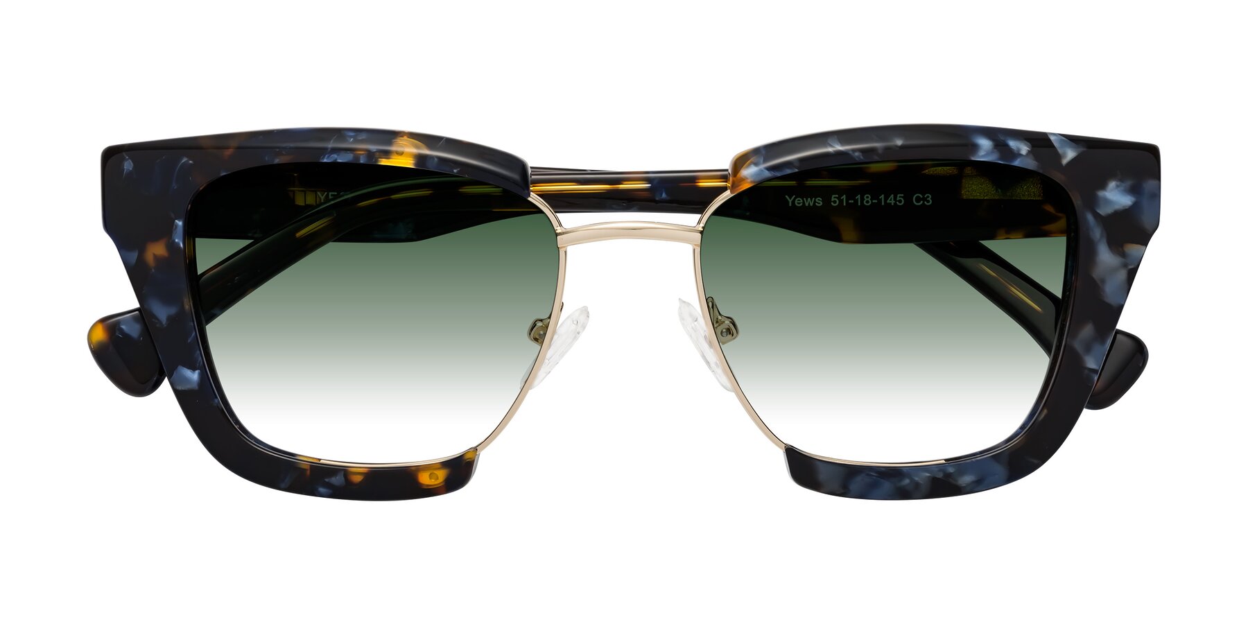 Folded Front of Yews in Blueberry Tortoise-Gold with Green Gradient Lenses