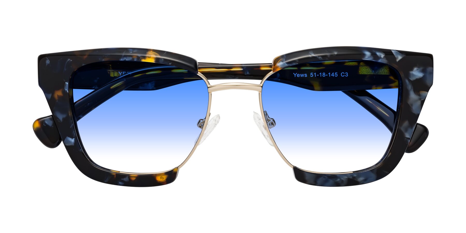 Folded Front of Yews in Blueberry Tortoise-Gold with Blue Gradient Lenses