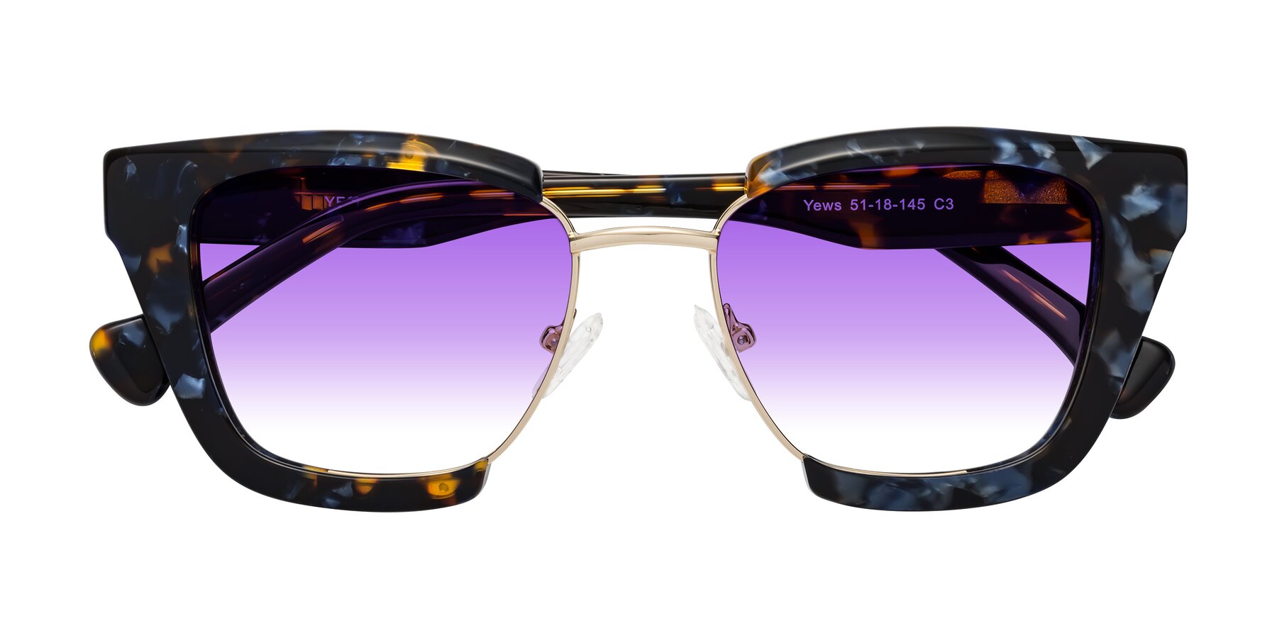 Folded Front of Yews in Blueberry Tortoise-Gold with Purple Gradient Lenses