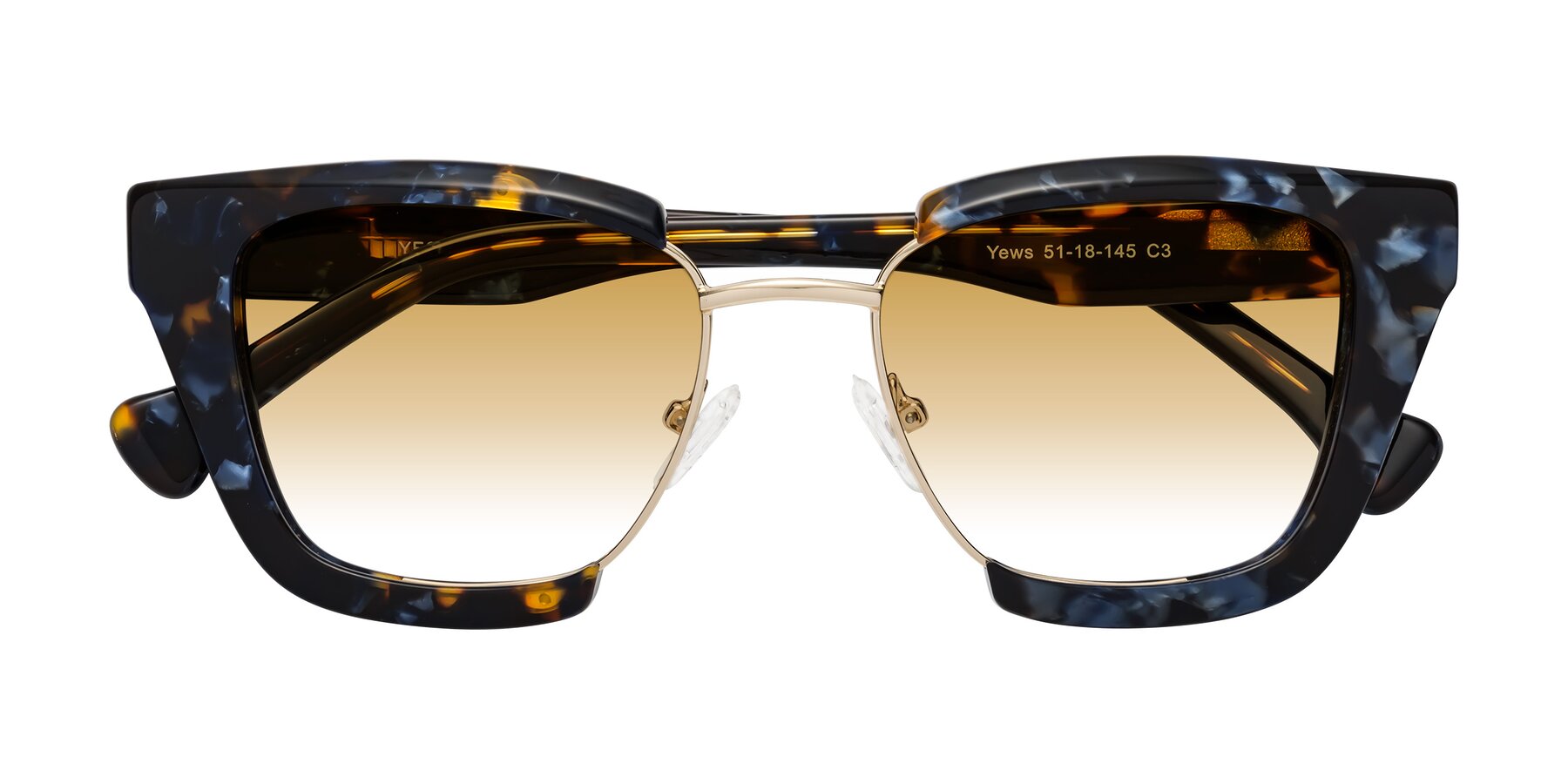 Folded Front of Yews in Blueberry Tortoise-Gold with Champagne Gradient Lenses