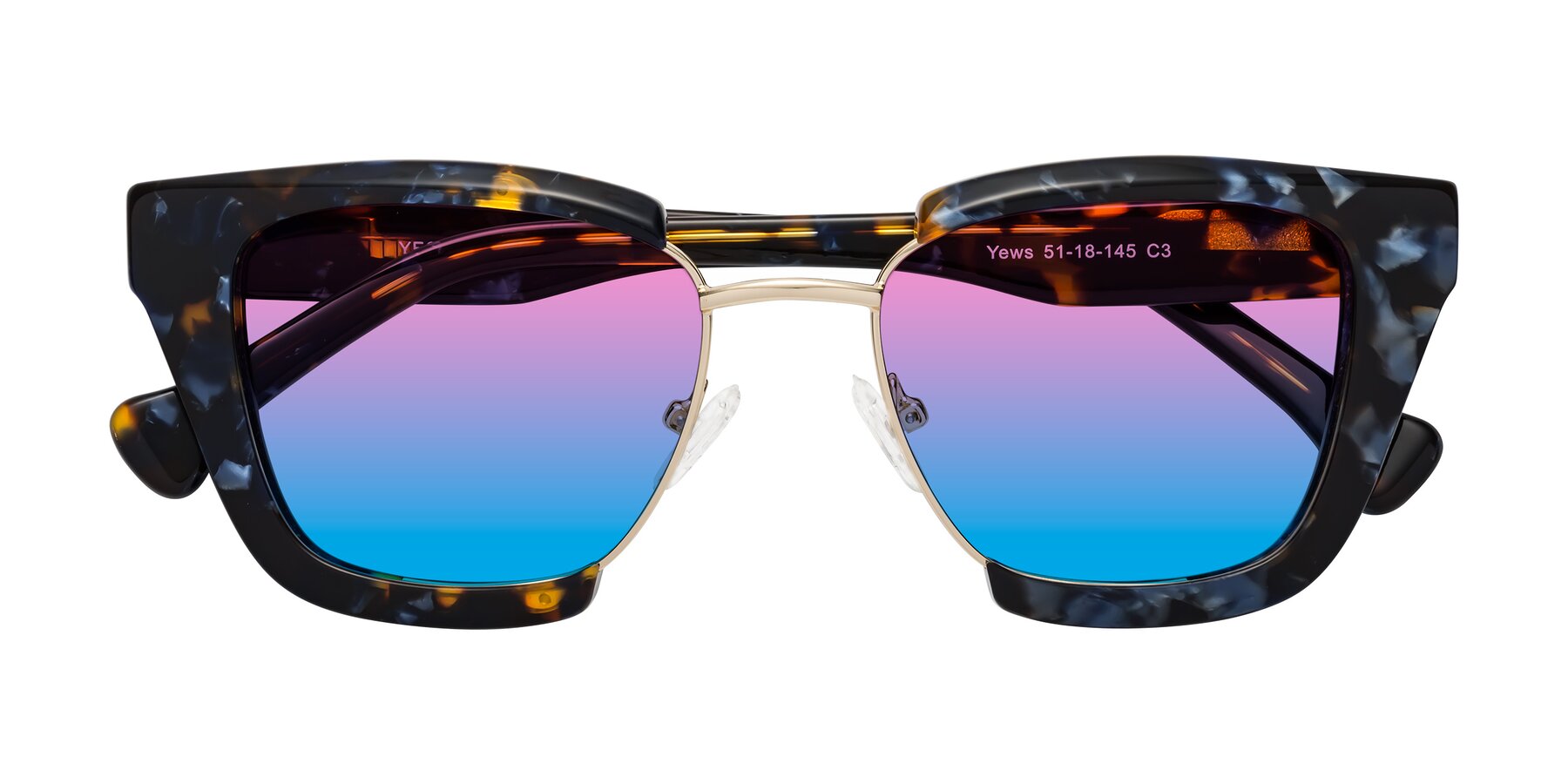 Folded Front of Yews in Blueberry Tortoise-Gold with Pink / Blue Gradient Lenses