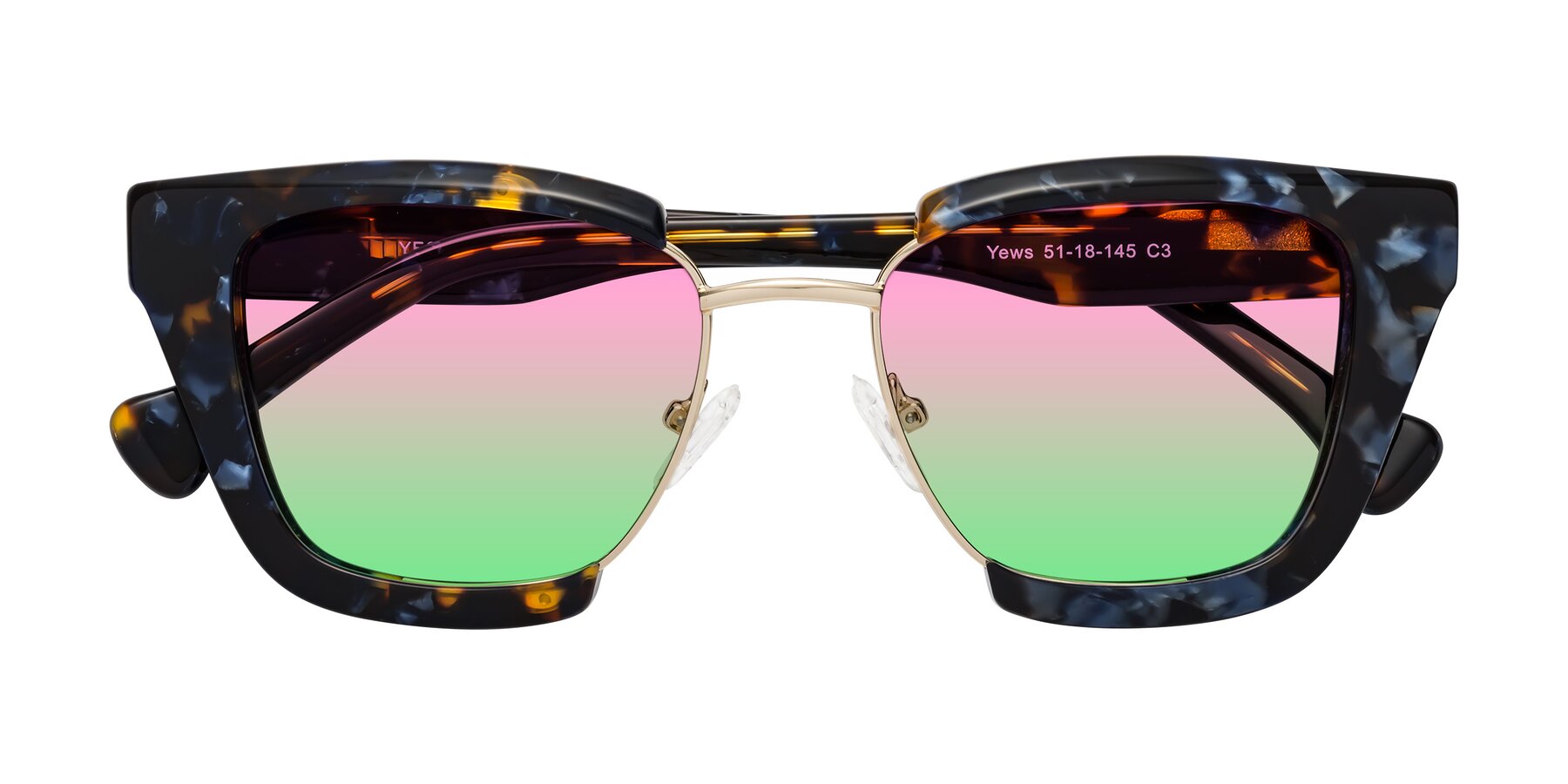 Folded Front of Yews in Blueberry Tortoise-Gold with Pink / Green Gradient Lenses