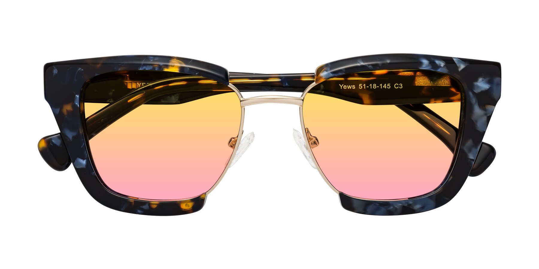 Folded Front of Yews in Blueberry Tortoise-Gold with Yellow / Pink Gradient Lenses