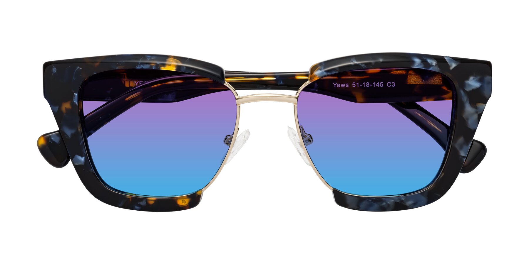 Folded Front of Yews in Blueberry Tortoise-Gold with Purple / Blue Gradient Lenses