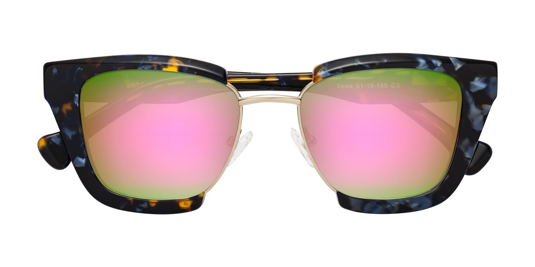 Folded Front of Yews in Blueberry Tortoise-Gold with Pink Mirrored Lenses