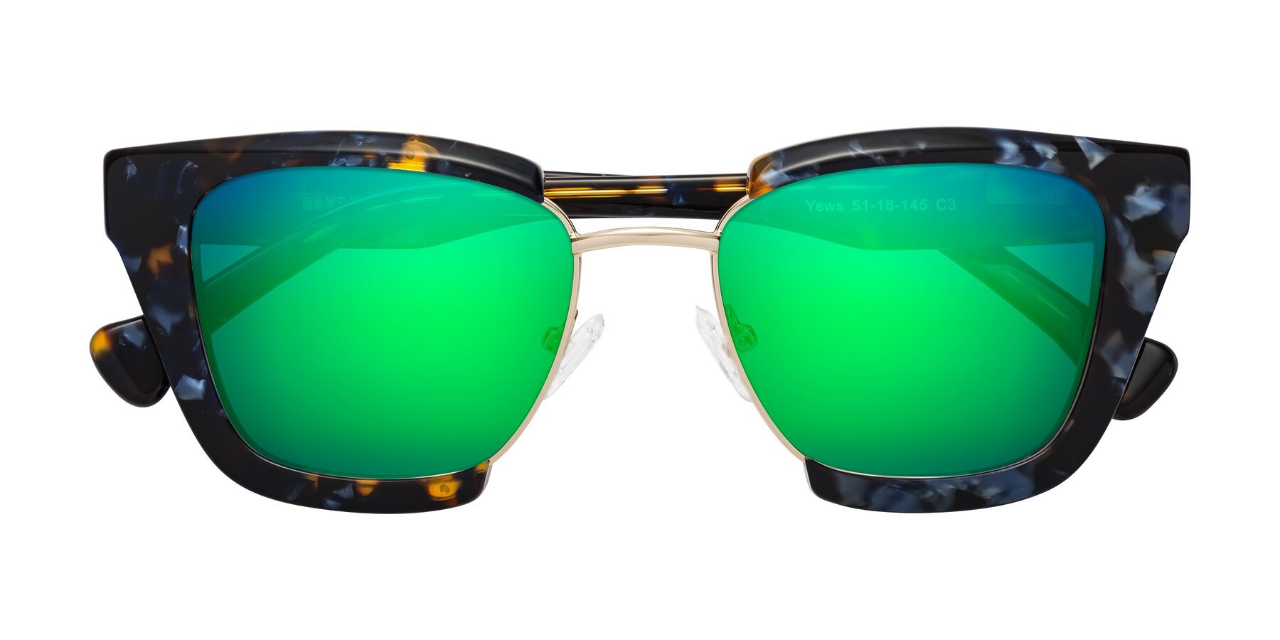 Folded Front of Yews in Blueberry Tortoise-Gold with Green Mirrored Lenses