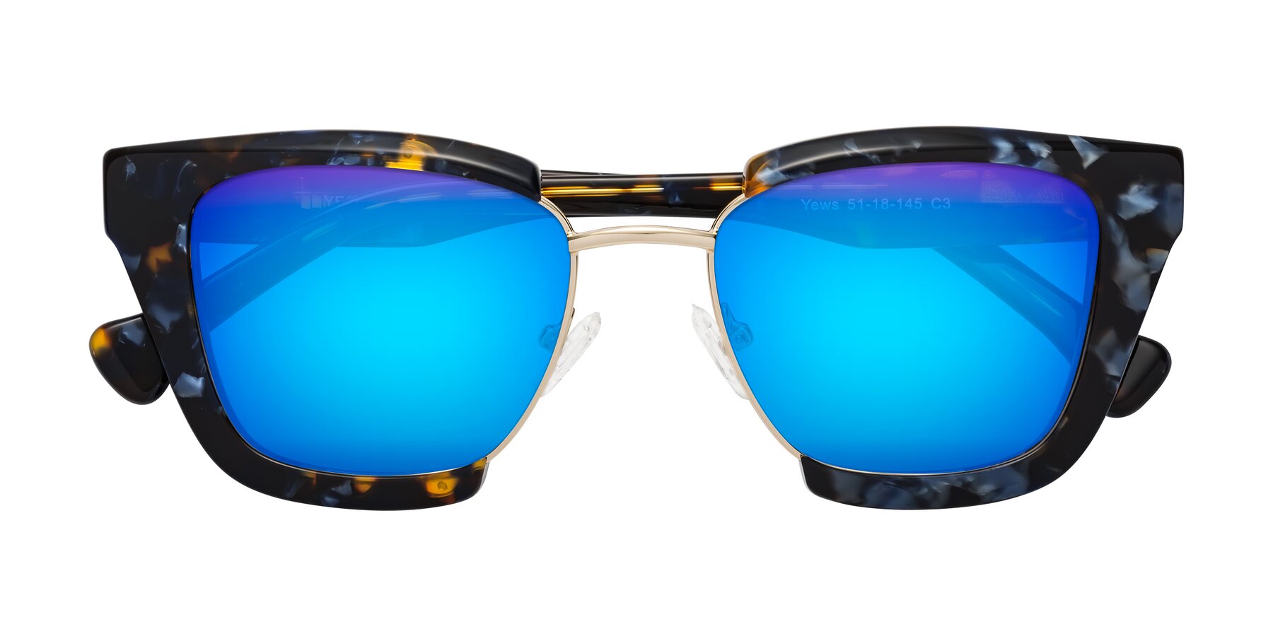 Folded Front of Yews in Blueberry Tortoise-Gold with Blue Mirrored Lenses