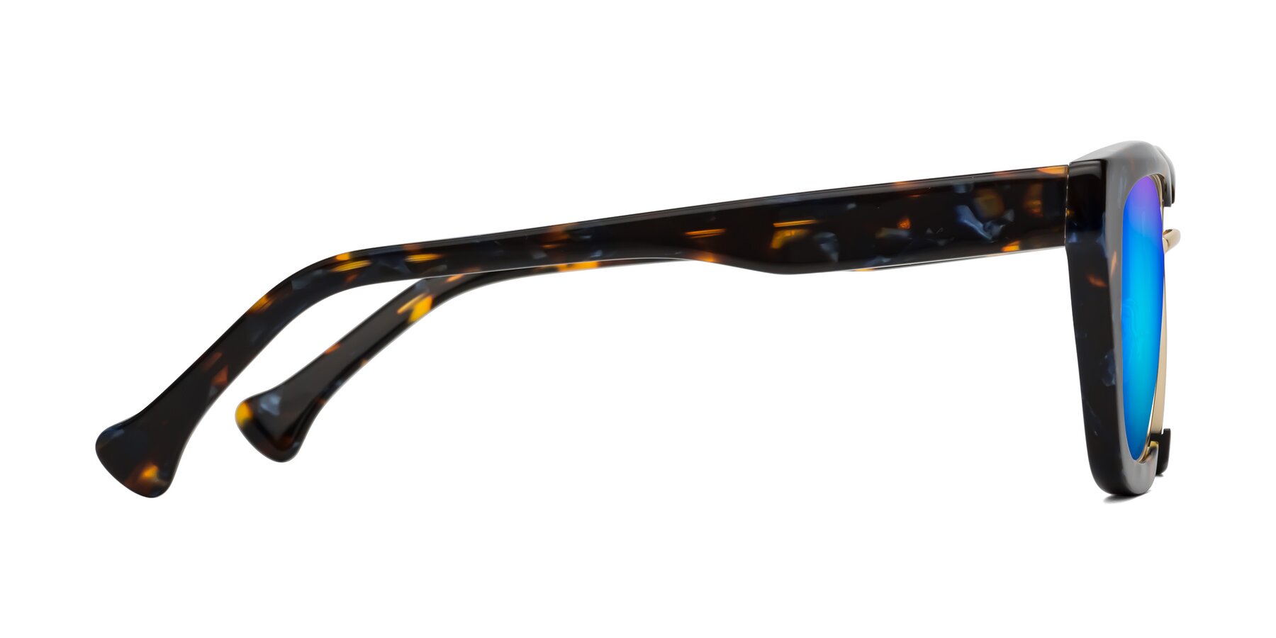 Side of Yews in Blueberry Tortoise-Gold with Blue Mirrored Lenses