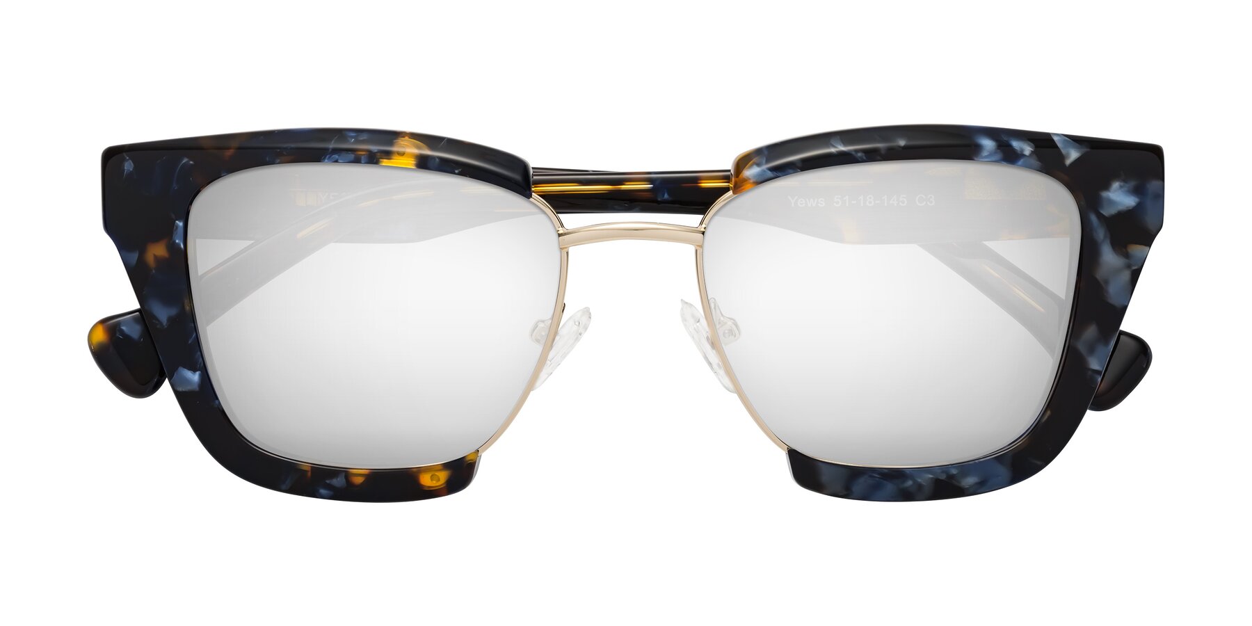 Folded Front of Yews in Blueberry Tortoise-Gold with Silver Mirrored Lenses