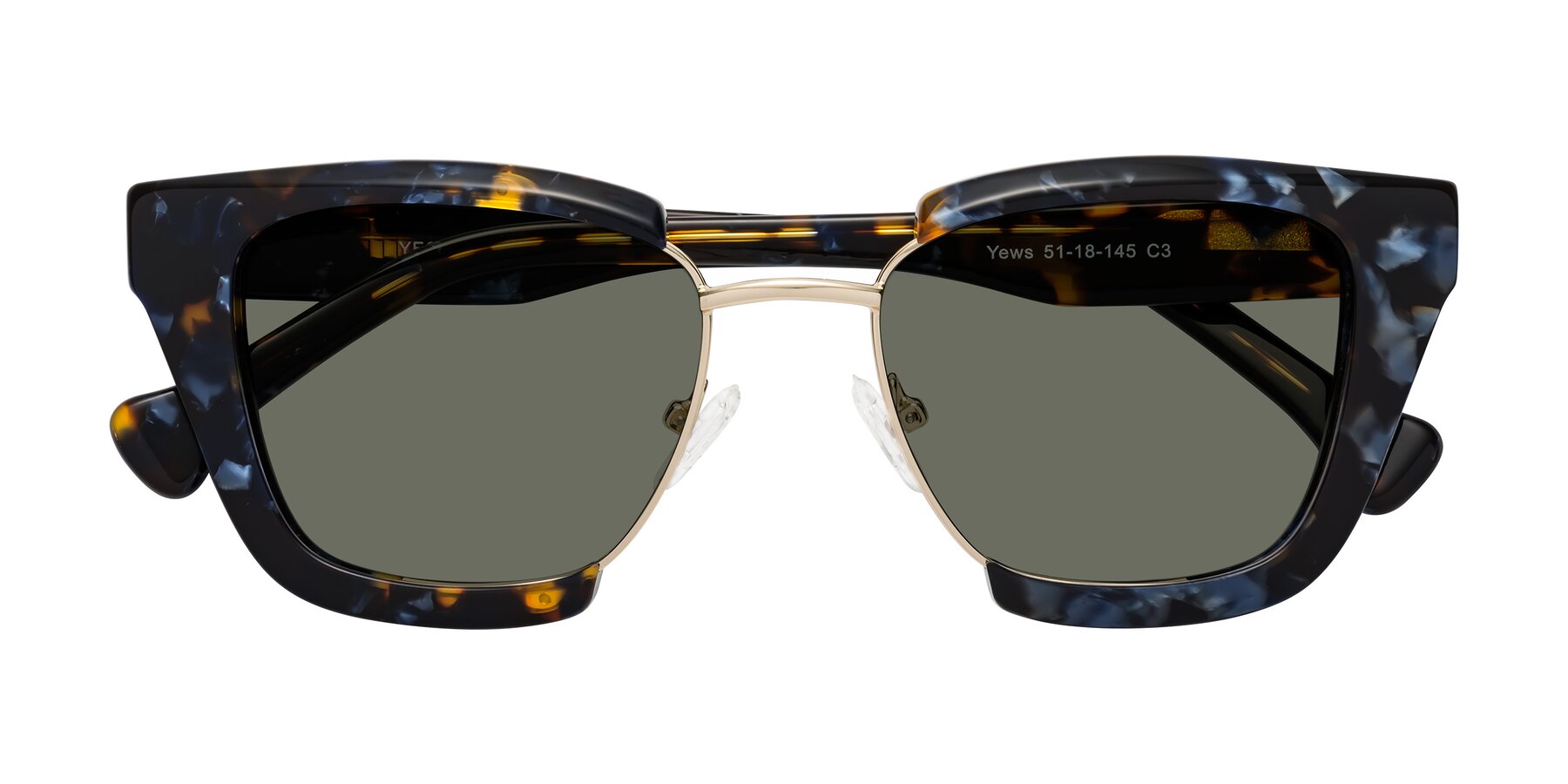 Folded Front of Yews in Blueberry Tortoise-Gold with Gray Polarized Lenses