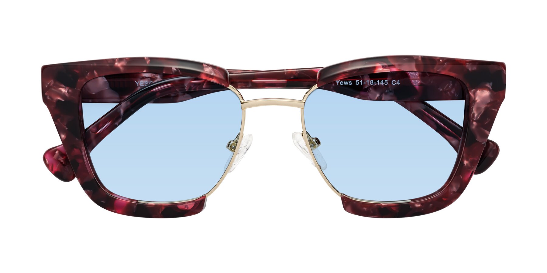 Folded Front of Yews in Wineberry Tortoise-Gold with Light Blue Tinted Lenses