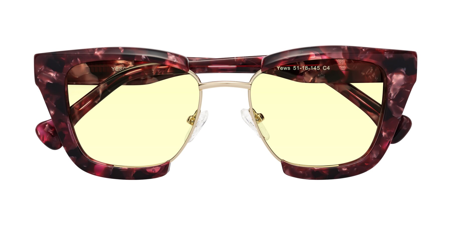 Folded Front of Yews in Wineberry Tortoise-Gold with Light Yellow Tinted Lenses