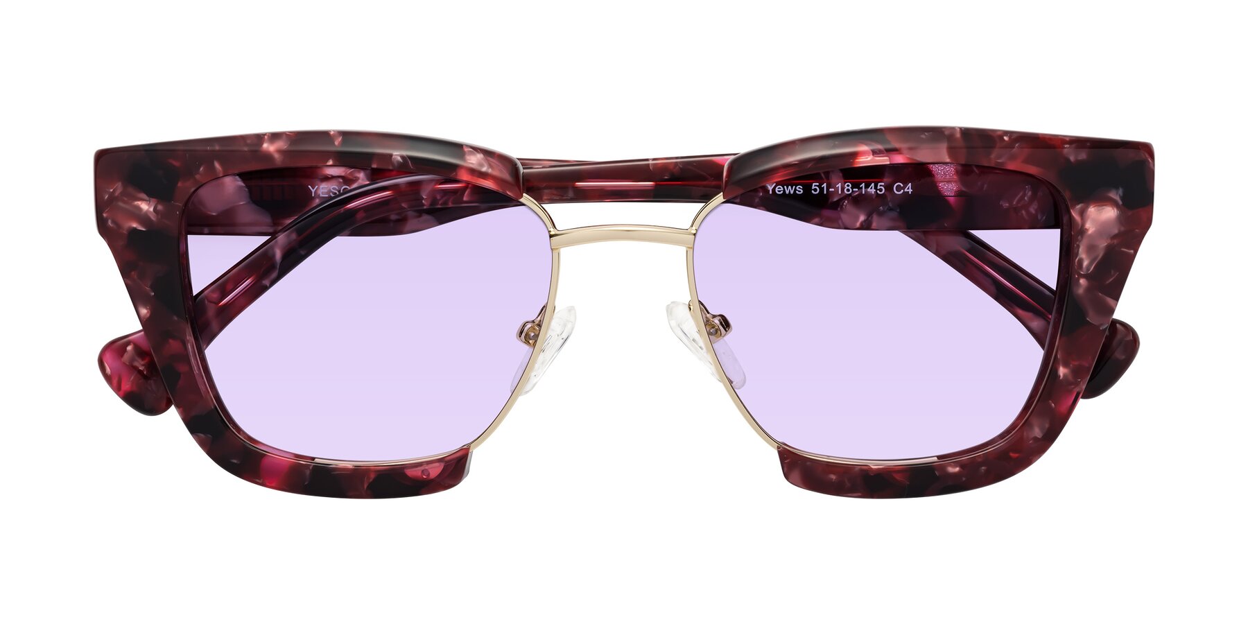 Folded Front of Yews in Wineberry Tortoise-Gold with Light Purple Tinted Lenses