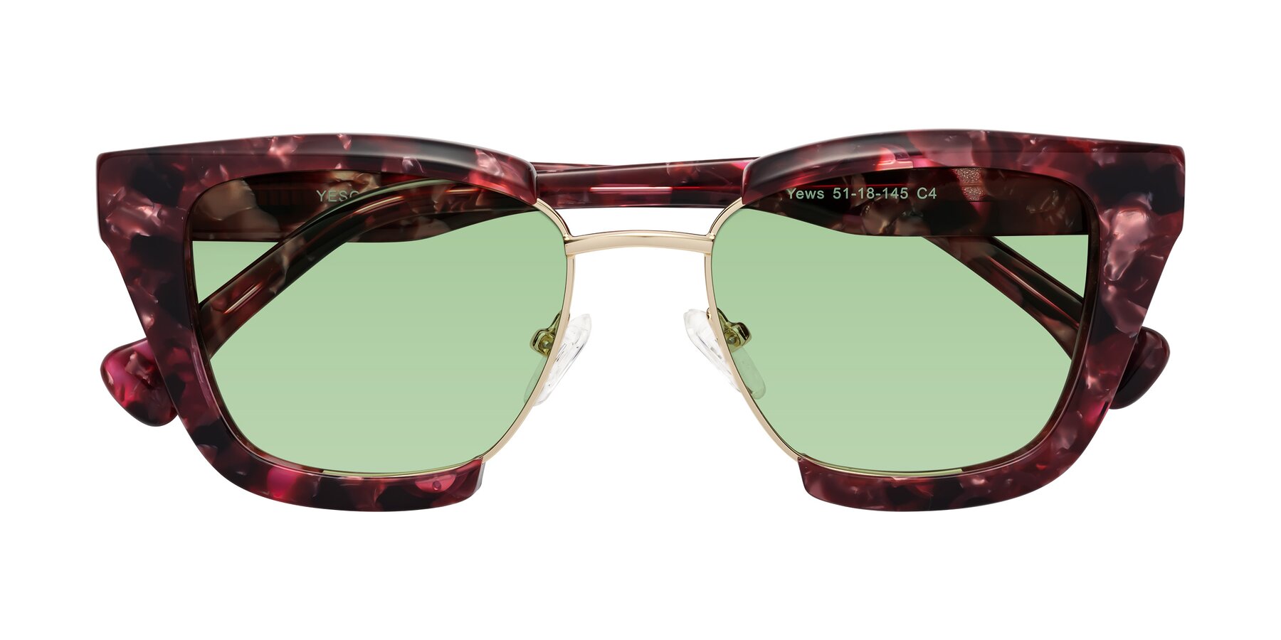 Folded Front of Yews in Wineberry Tortoise-Gold with Medium Green Tinted Lenses