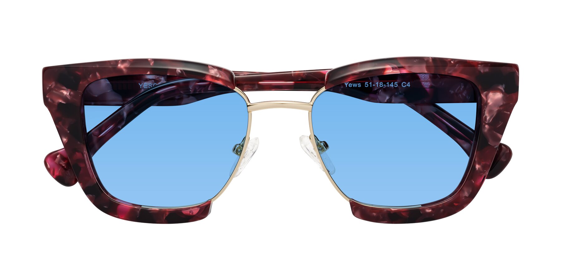 Folded Front of Yews in Wineberry Tortoise-Gold with Medium Blue Tinted Lenses