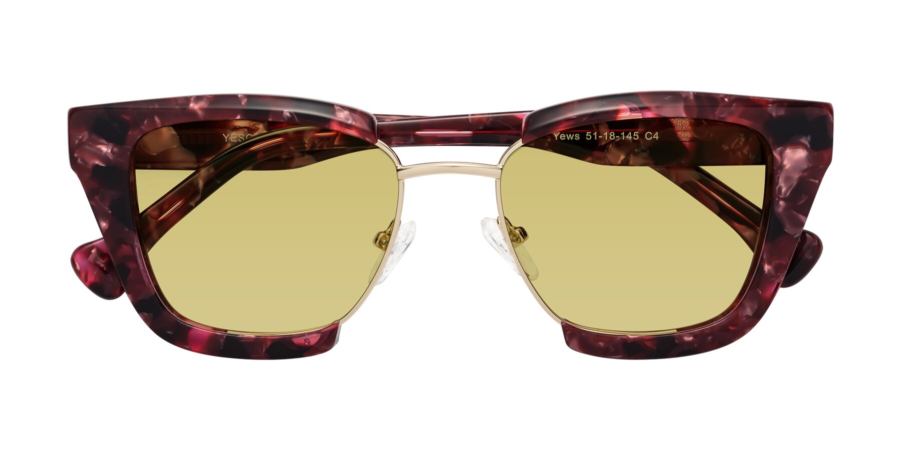 Folded Front of Yews in Wineberry Tortoise-Gold with Medium Champagne Tinted Lenses