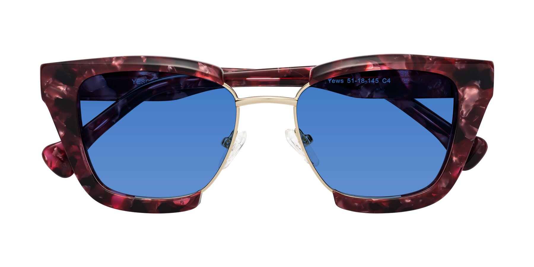 Folded Front of Yews in Wineberry Tortoise-Gold with Blue Tinted Lenses