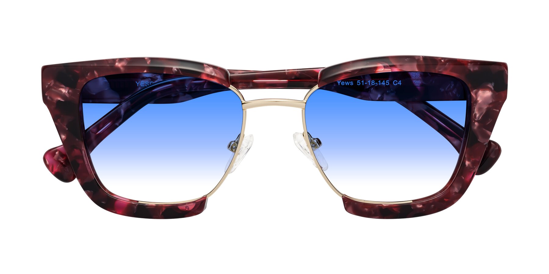 Folded Front of Yews in Wineberry Tortoise-Gold with Blue Gradient Lenses