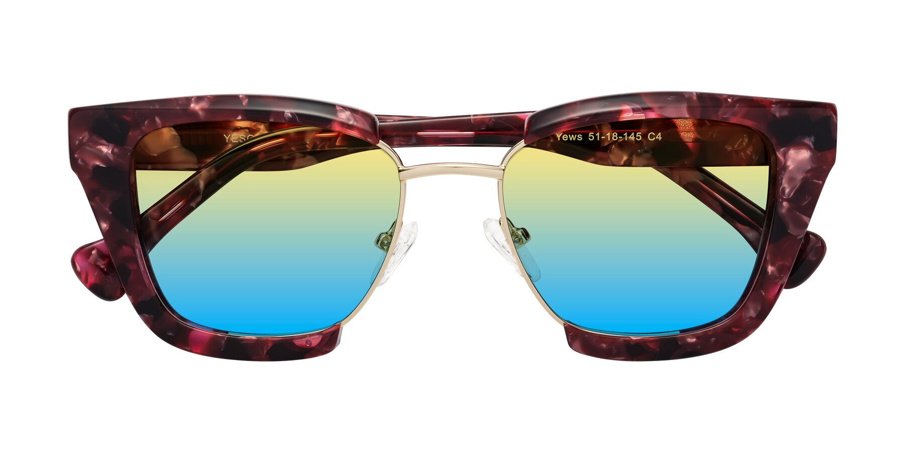 Folded Front of Yews in Wineberry Tortoise-Gold with Yellow / Blue Gradient Lenses